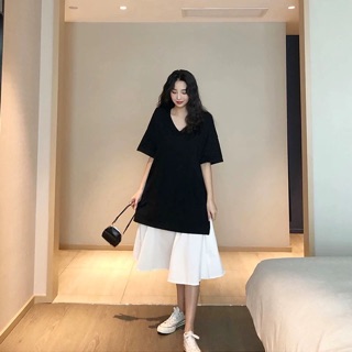 (Order) bigsize Đầm dáng dài đuôi cá phối đen trắng