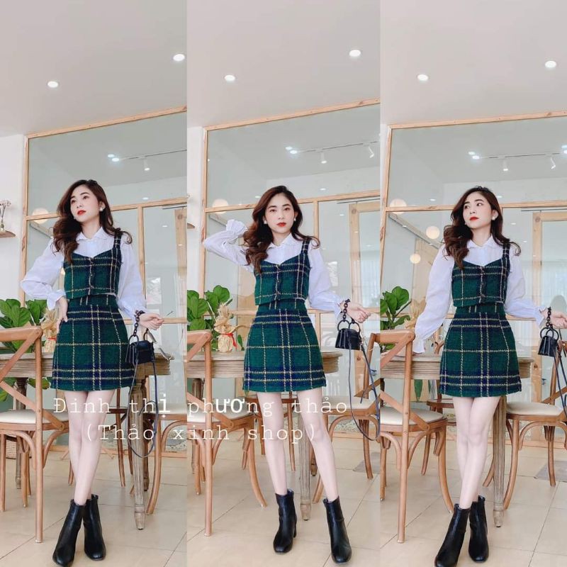 set 3 món dạ gồm áo sơ mi trắng, áo gile dạ kèm chân váy kẻ xanh đen vintage kèm ảnh thật