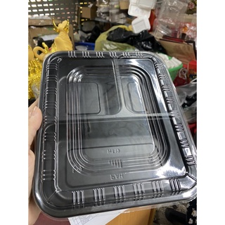 SET 100 cái hộp cơm nhựa đen 3 ngăn KT 19x22x4cm Kèm nắp NHỰA PET  dùng cho văn phòng, quán ăn, nhà hàng