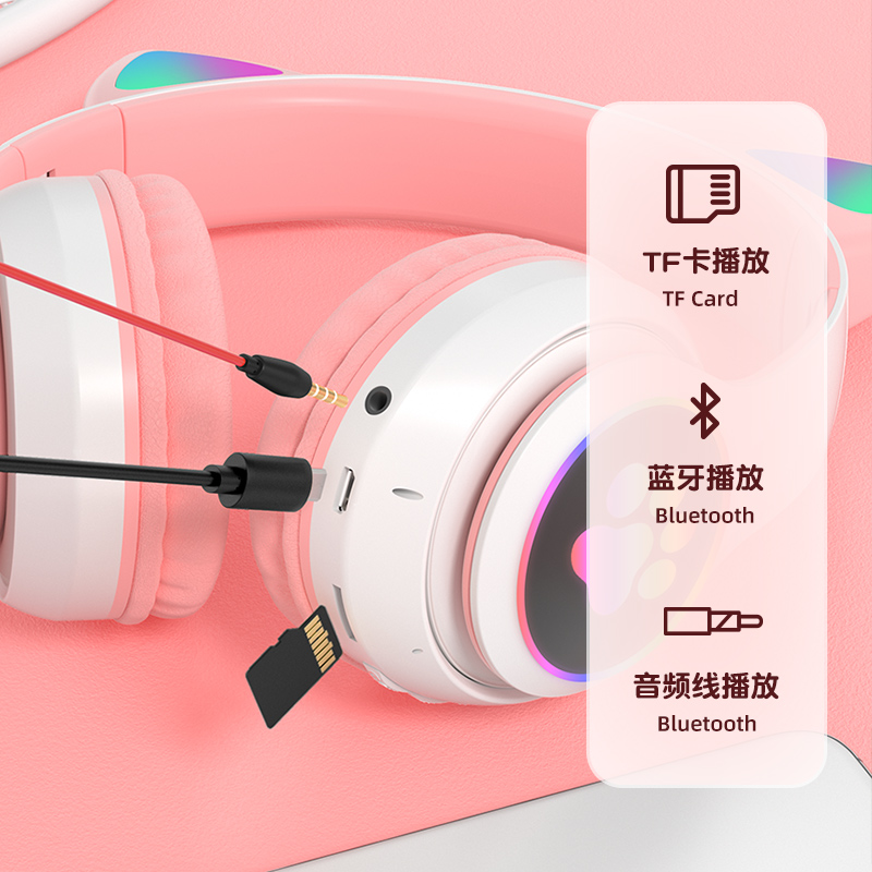 Basspal Bluetooth 5.0 Wireless Headphone with LED Cat Cute Paw Support TF Card