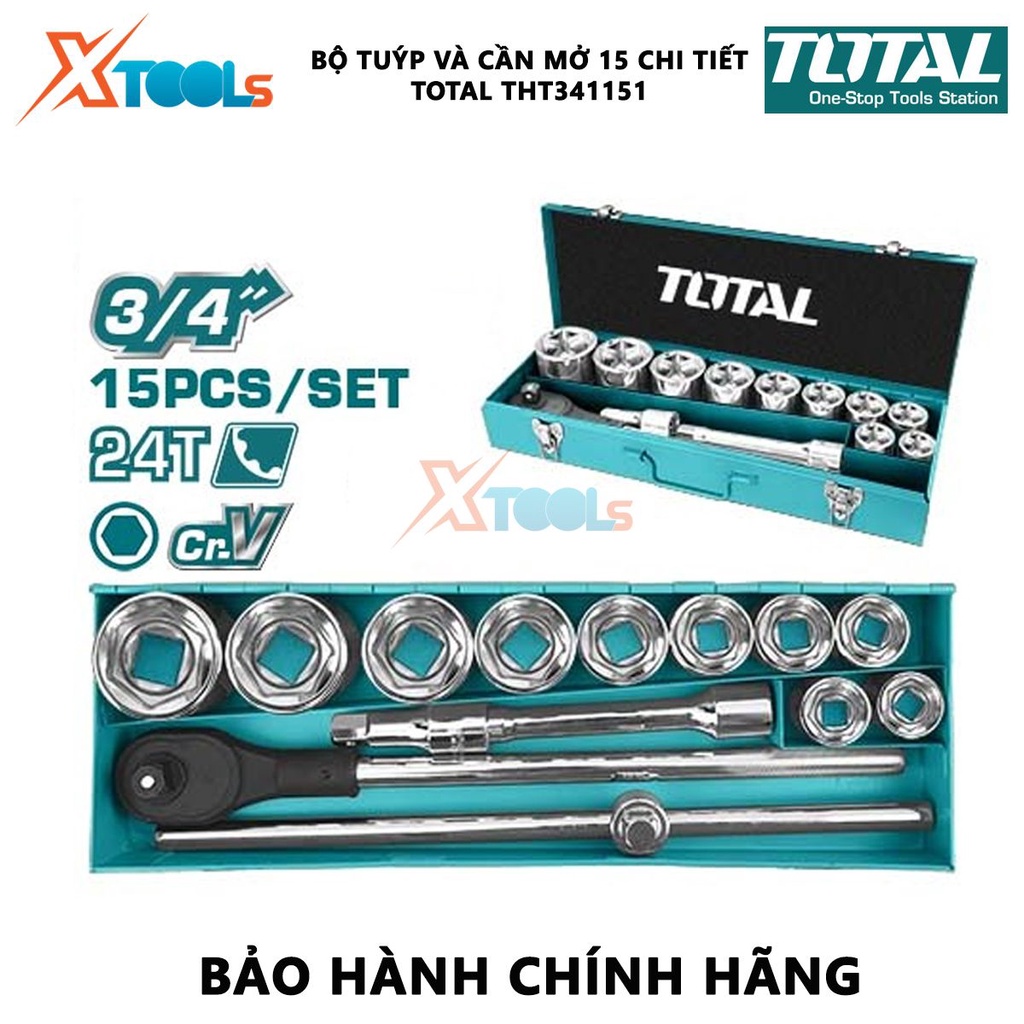 Bộ tuýp và cần mở 15 chi tiết TOTAL THT341151 | Bộ 15 tuýp size 30-32-34-36-38-41-46-50-55-60mm [CHÍNH HÃNG] [XTOOLs]