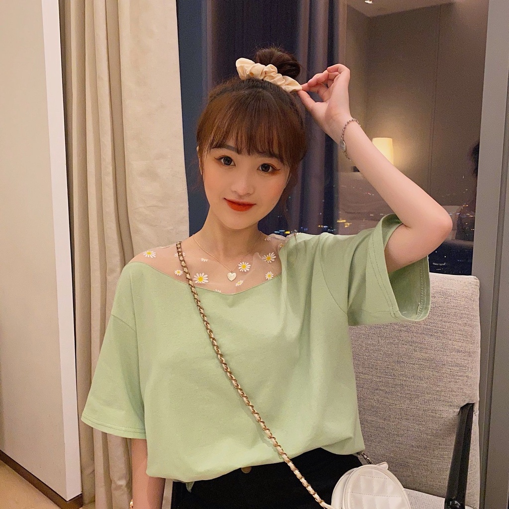 Áo Phông Nữ Summer New Daisy Yarn Splicing Loose Short Sleeve T-shirt Female Student Top