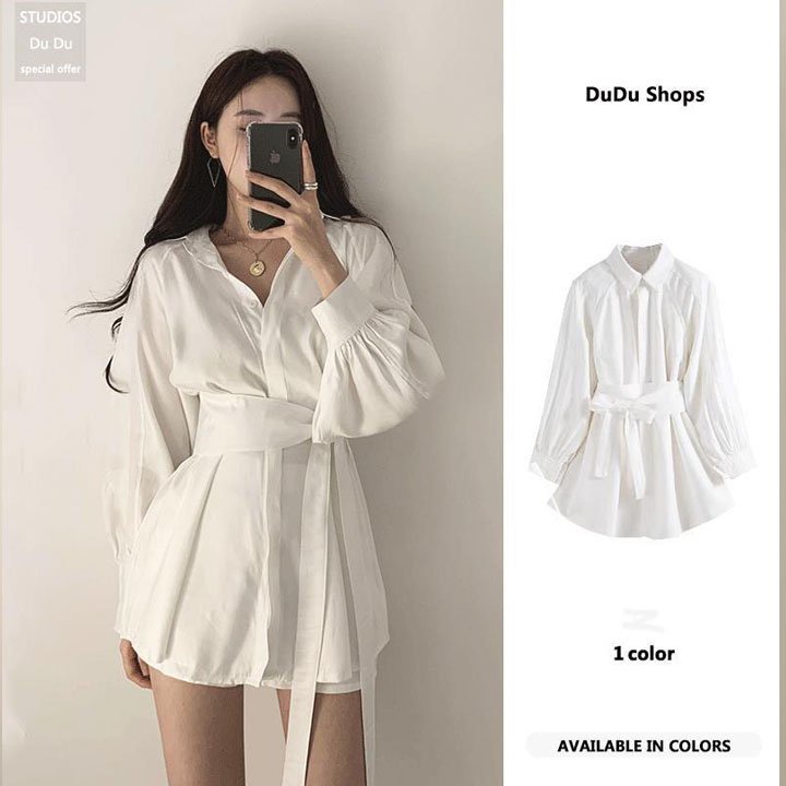 Áo sơ mi dáng dài kèm đai eo sành điệu- áo sơ mi nữ trắng tay dài giấu quần phong cách Hàn Quốc B59