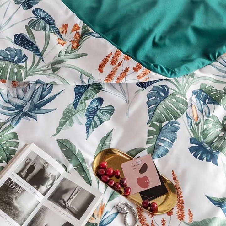 Bộ chăn ga gối , drap giường chất vải Lụa Phi họa tiết Lá Chuối