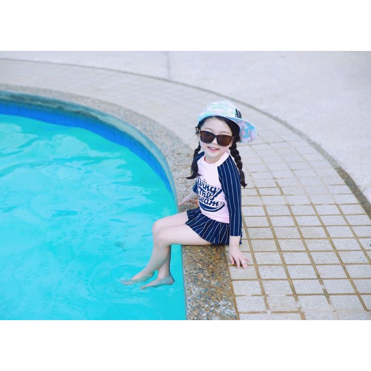 Bộ bơi đồ bơi bé gái họa tay kẻ dài tay chống nắng phong cách hàn quốc dễ thương đồ bơi hai mảnh 9 - 25kg