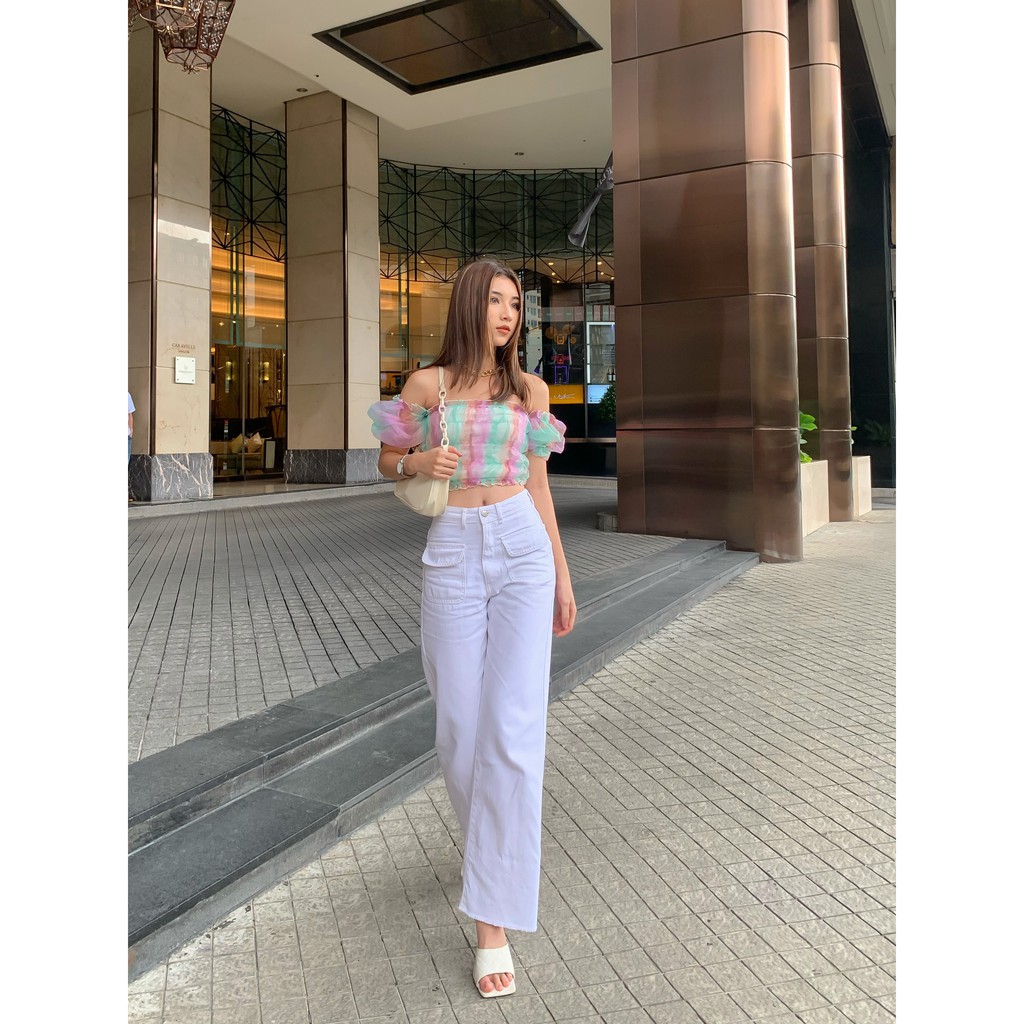 Quần jeans suông túi trước CHICMONKI form dài màu trắng CMJ910
