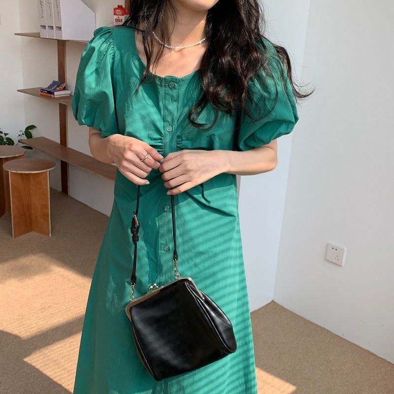 Phiên bản mùa hè Hàn Quốc mới 2021 váy mỏng, sinh viên siêu bất tử cổ vuông, tay áo bong bóng xếp ly, váy trắng | BigBuy360 - bigbuy360.vn