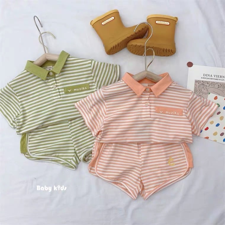 Bộ Cộc Tay Polo Kẻ Chất Liệu Cotton Polo Chun Cho Bé Trai Và Bé Gái Từ 5Kg Đến 28Kg Thời Trang trẻ Em Poskids