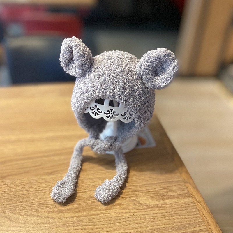 Mũ nón len thu đông hình chú GẤU XÙ LÔNG CÓ DAY BUỘC [ 02MV] cho bé trai bé gái từ 0-15 tháng tuổi.