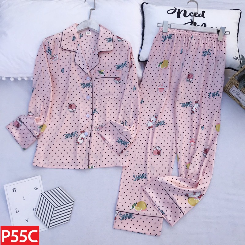 Đồ Ngủ Mặc Nhà Lụa Hàn Pajamas Dài Tay Quần Dài Họa Tiết P55AMANTA AMT