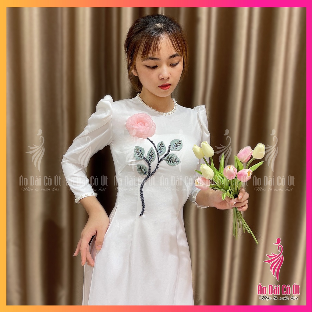 Áo Dài Nữ Lụa Tây Thi Cổ Tròn Tay Phồng Đính Hoa Hàng May Sẵn