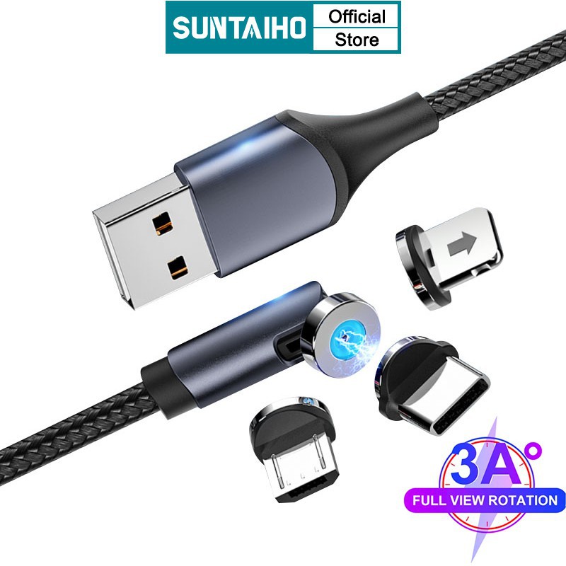 SUNTAIHO Dây cáp sạc từ tính bằng hợp kim nhôm xoay 540 độ cổng USB Type C / IOS 12 13 14 15 / Android Micro