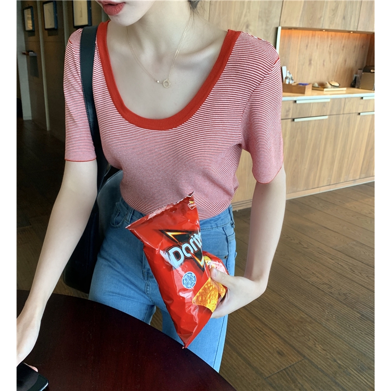 SUXI Áo Thun Tay Ngắn Cổ Chữ U Dáng Rộng Kẻ Sọc Ngang Trẻ Trung Phong Cách Hàn Quốc