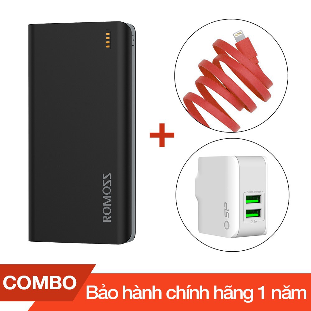 Combo Pin sạc dự phòng 20000mAh Solit 20 Romoss + Cáp sạc lightning Romoss dài 1m + Cốc sạc 2 cổng USB 2.4A - Chính hãng