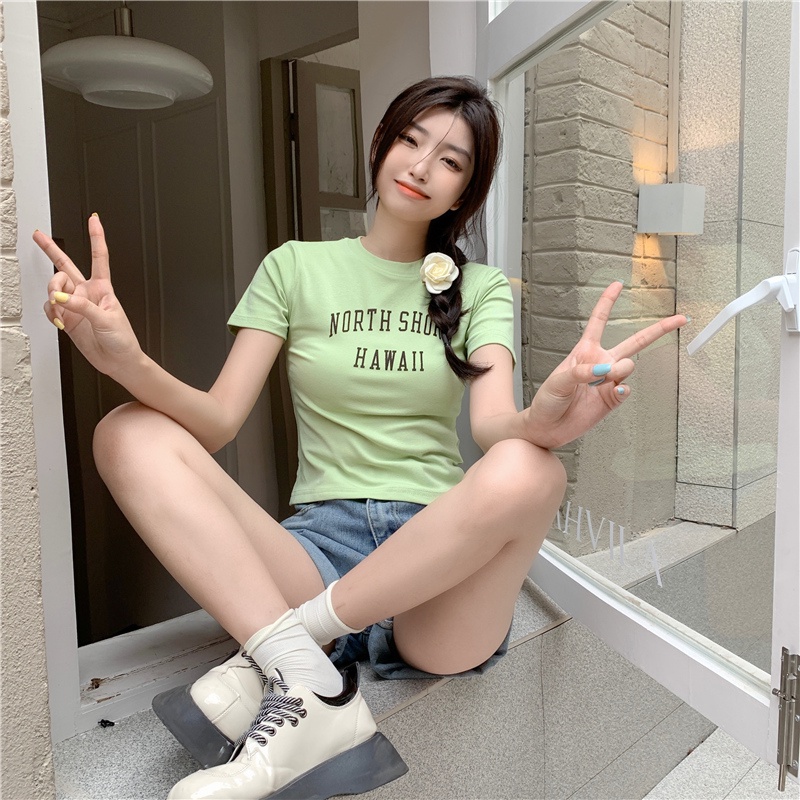 SUXI Áo Thun Ngắn Tay Cổ Tròn In Chữ Đơn Giản Dễ Phối Đồ Thời Trang Mùa Hè Cho Nữ