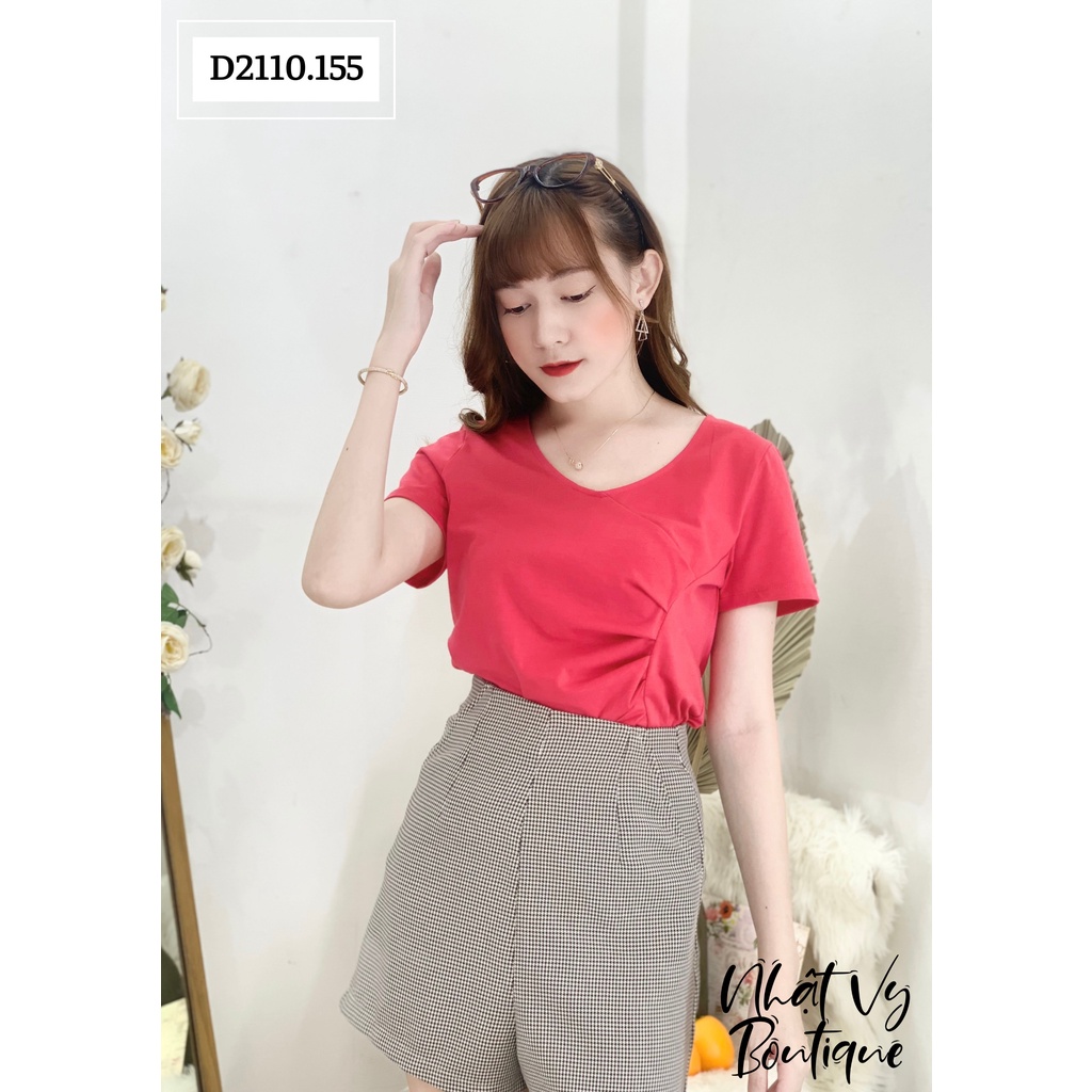 Áo thun nữ trơn NHATVY cổ tim nhún ngực 1 bên tay ngắn - D2110