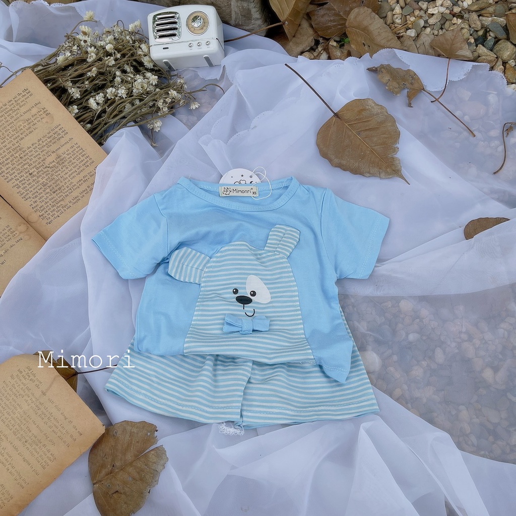 [SALE] Bộ Cộc Tay Cho Bé Trai, Bé Gái KIMCHIBABY Vải Thun Lạnh Gấu Kẻ Đính Nơ, Đồ Bộ Cho Bé Mặc Nhà KW2212