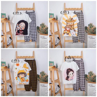 Set quần caro ống rộng dây rút cartoon