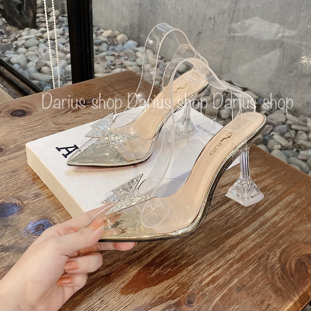 Giày cao gót mũi nhọn trong suốt đính đá nơ 9cm - BA78