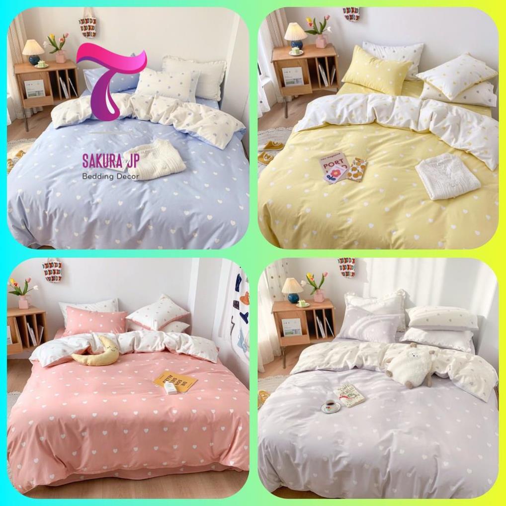 Bộ chăn ga gối 4 món kèm vỏ gối cotton poly trái tim vintage , Bộ ga gối drap giường bo chun Leotex