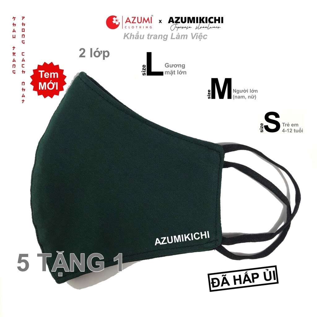 Khẩu trang vải cotton 5 tặng 1 Màu Lính Azumikichi, khau trang 3D 2 lớp đeo làm việc văn phòng công sở A6