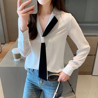 Áo kiểu chất Chiffon tay dài phối hai màu phong cách Hàn Quốc