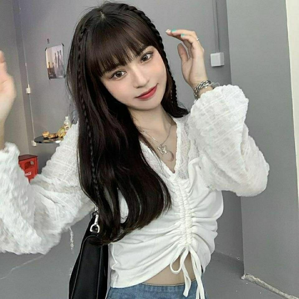 Korean style top, contrast color fashion Korean style drawstring, slim long-sleeved shirt