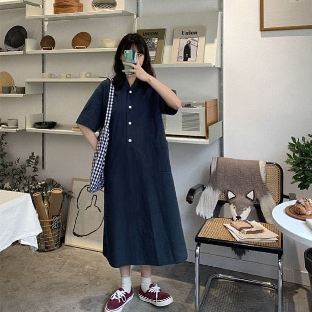 AMOI Đầm Midi Dáng Rộng Cổ Polo Phong Cách Hàn Quốc Thời Trang Cho Nữ