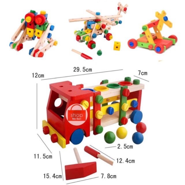 Đồ chơi gỗ - Bộ xe lắp ráp, xếp hình kèm đập bóng -xe ốc vít lắp ráp kèm đập bóng