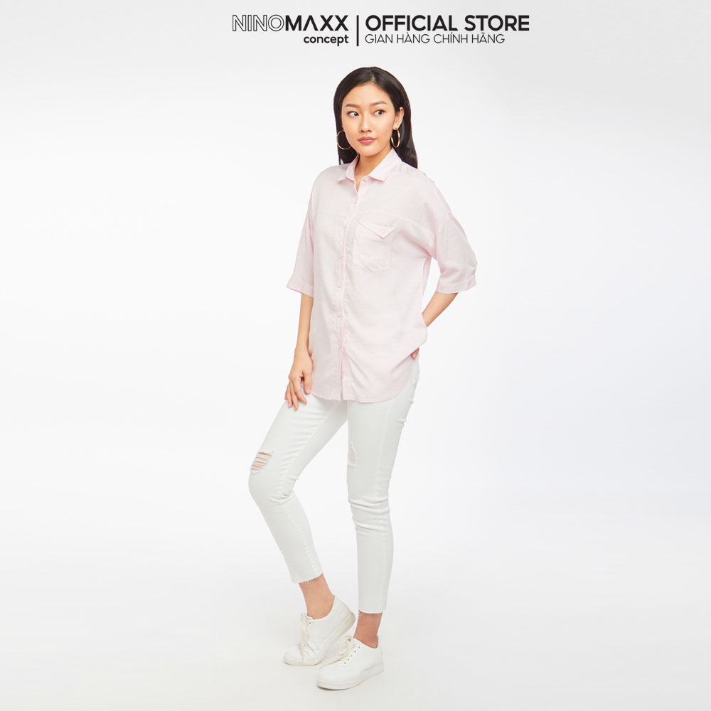 N&M Áo Sơ Mi Nữ ngắn tay cổ bẻ trơn màu hồng nhạt chất liệu thoáng mát 1910016