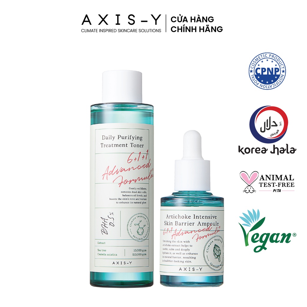 Combo chăm sóc da làm dịu và giữ ẩm chuyên sâu Axis-Y bao gồm Toner và Tinh chất dưỡng da.