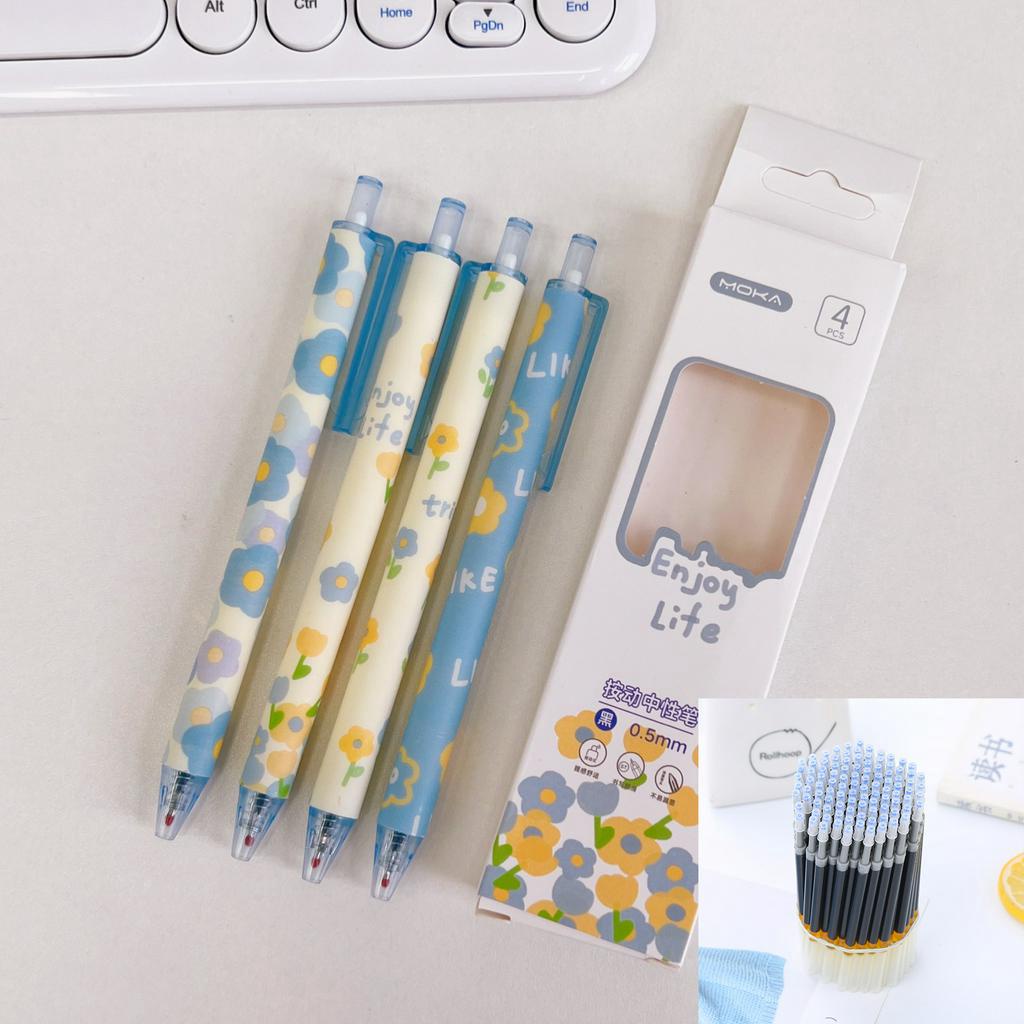 Combo hộp 4 bút bi bấm họa tiết dễ thương, bút bi gel mực đen cute có chặn ngòi và 10 thay thế mực đen