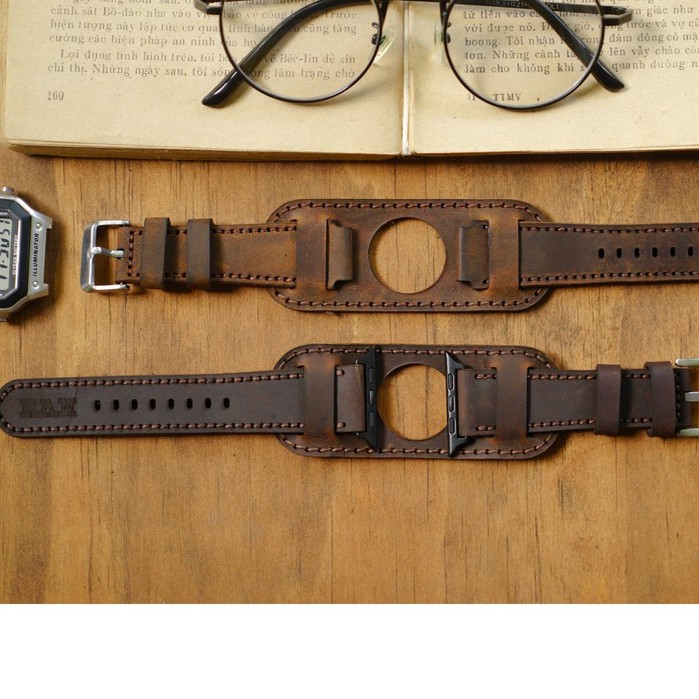 Dây apple watch da bò sáp nâu kiểu quân đội handmade bền chắc RAM Leather Bundstrap B1 - tặng khóa chốt và adapter