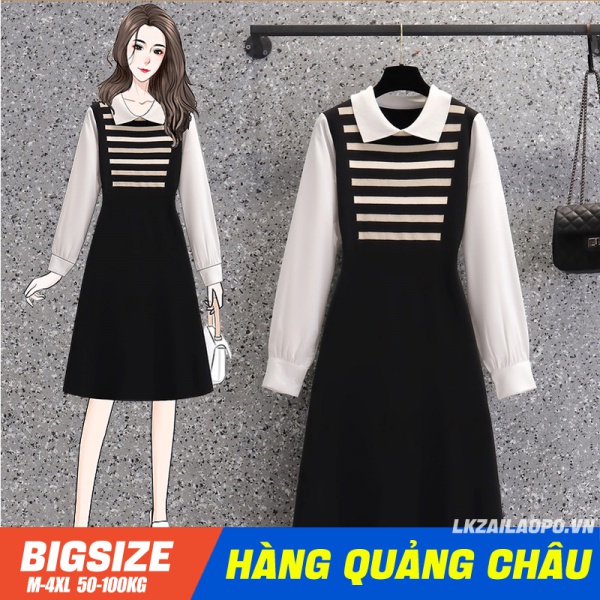 BIGSIZE nữ 45-100kg Đầm Midi Che Bụng Mỡ Ôm Eo lưng cao Phối kẻ sọc đen trắng len Cổ bẻ tay dài mùa thu - Váy Phong cách Pháp - quảng châu cao cấp