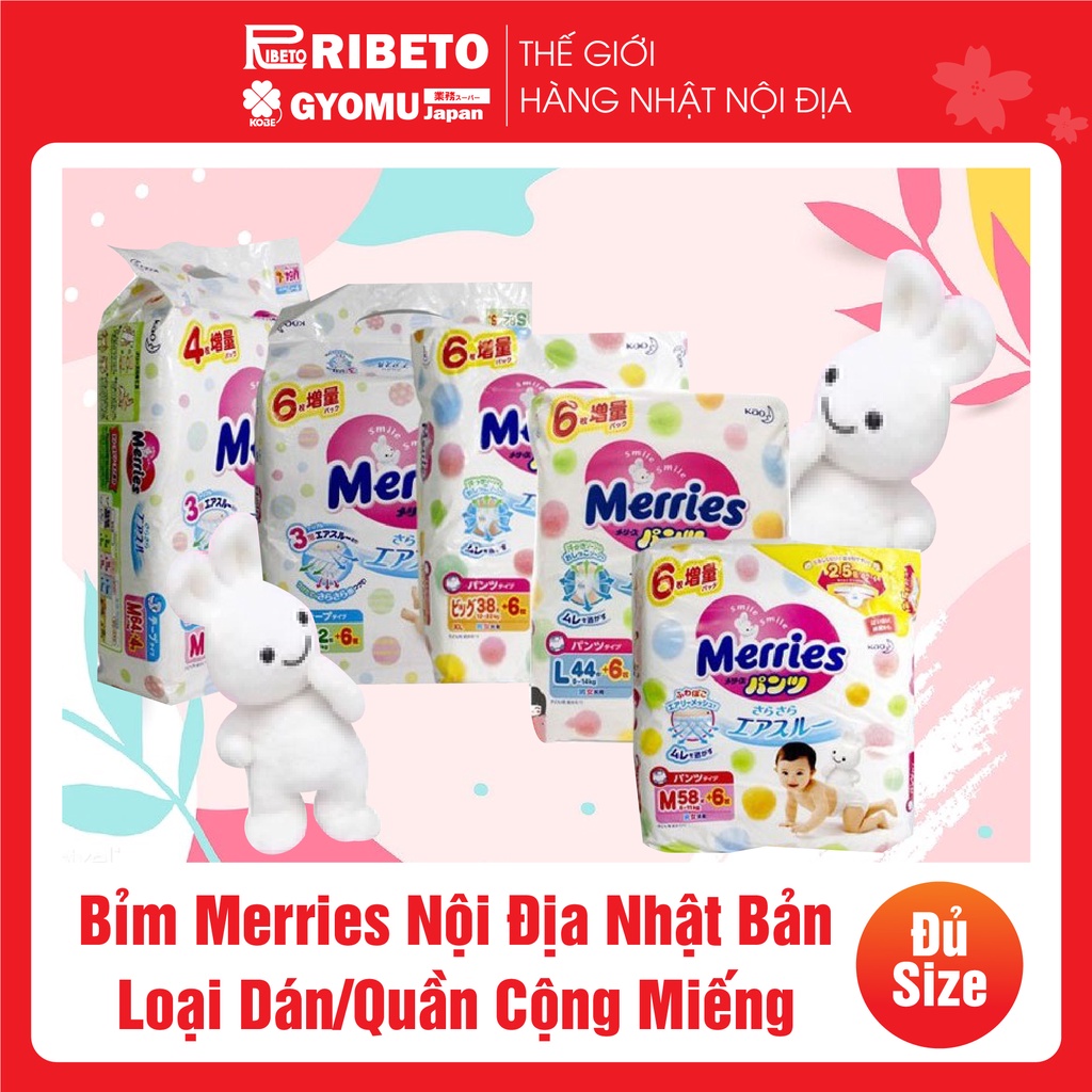 [CỘNG MIẾNG] Bỉm Merries Nội Địa Nhật Bản Hàng mới - Loại Dán size NB96/S88/M68/L58 - Quần size M64/L60/XL44/XXL28