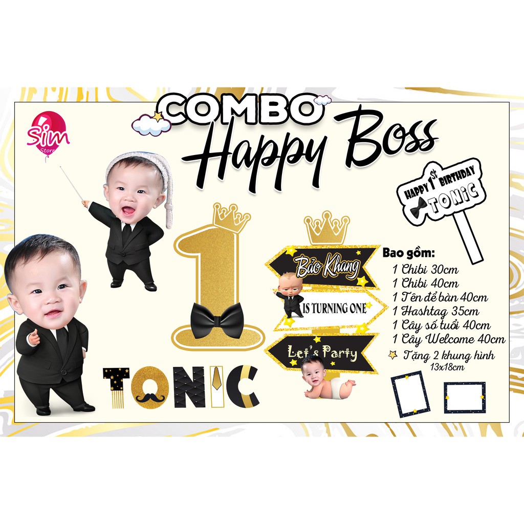 Combo hình chibi, bảng tên, cây welcome, cây số tuổi  trang trí sinh nhật bàn tiệc thiết kế  cho bé