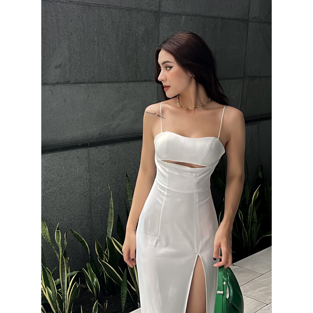 Đầm 2 Dây Khoét Ngực Xẻ Dài LSEOUL V1394 Vải Lụa Sang Trọng Quyến Rũ Phù Hợp Đi Tiệc