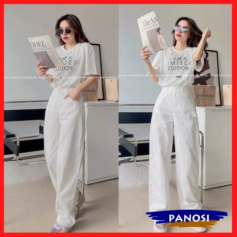 Quần jeans nữ ống đứng dáng suông lưng cao tôn dáng màu trắng hottrend PANOSI - Q681