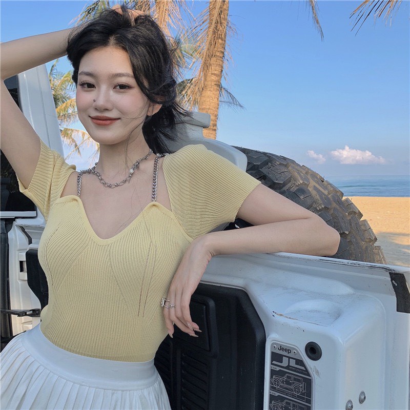 [ÁO DỆT KIM] Áo Len Nữ Mỏng Ôm Dáng, Áo Tăm Dây Xích Cổ V Tay Ngắn | BigBuy360 - bigbuy360.vn