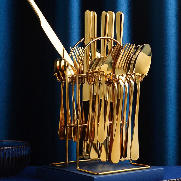 Bộ thìa, dĩa, dao, 25 món có giá treo inox vàng  dụng cụ ăn đồ Tây