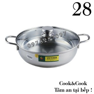 Nồi lẩu 3 đáy inox 430 Vietcook size 28 nắp kính [CHÍNH HÃNG][CAO CẤP]