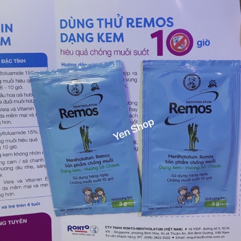 [ 10gói Mẫu Thử ] Kem chống muỗi remos baby cream cho bé 6 tháng tuổi ( Bịch 10gói 3gr mẫu dùng thử chính hãng )