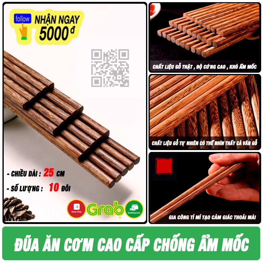 Đũa Ăn Cơm SHOPEHOUSE84 - Làm Bằng Gỗ Cánh Gà Cao Cấp - 10 Đôi Đũa Ăn Dài 25 Cm – Làm Từ Gỗ Tự Nhiên – Chống ẨM Mốc