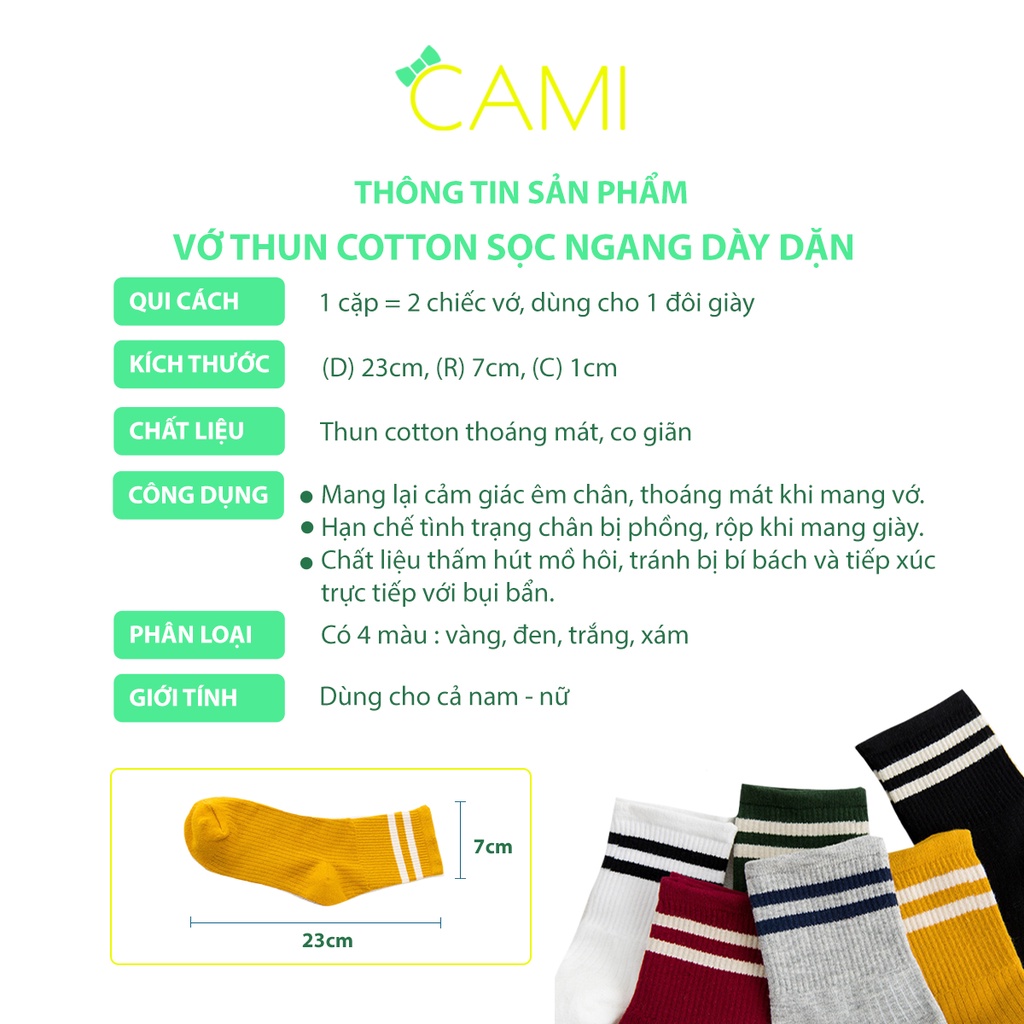 Vớ  thun cotton dạng gân 2 sọc thoáng khí, co giãn tốt, dùng cho nam và nữ - Cami - CMPK215