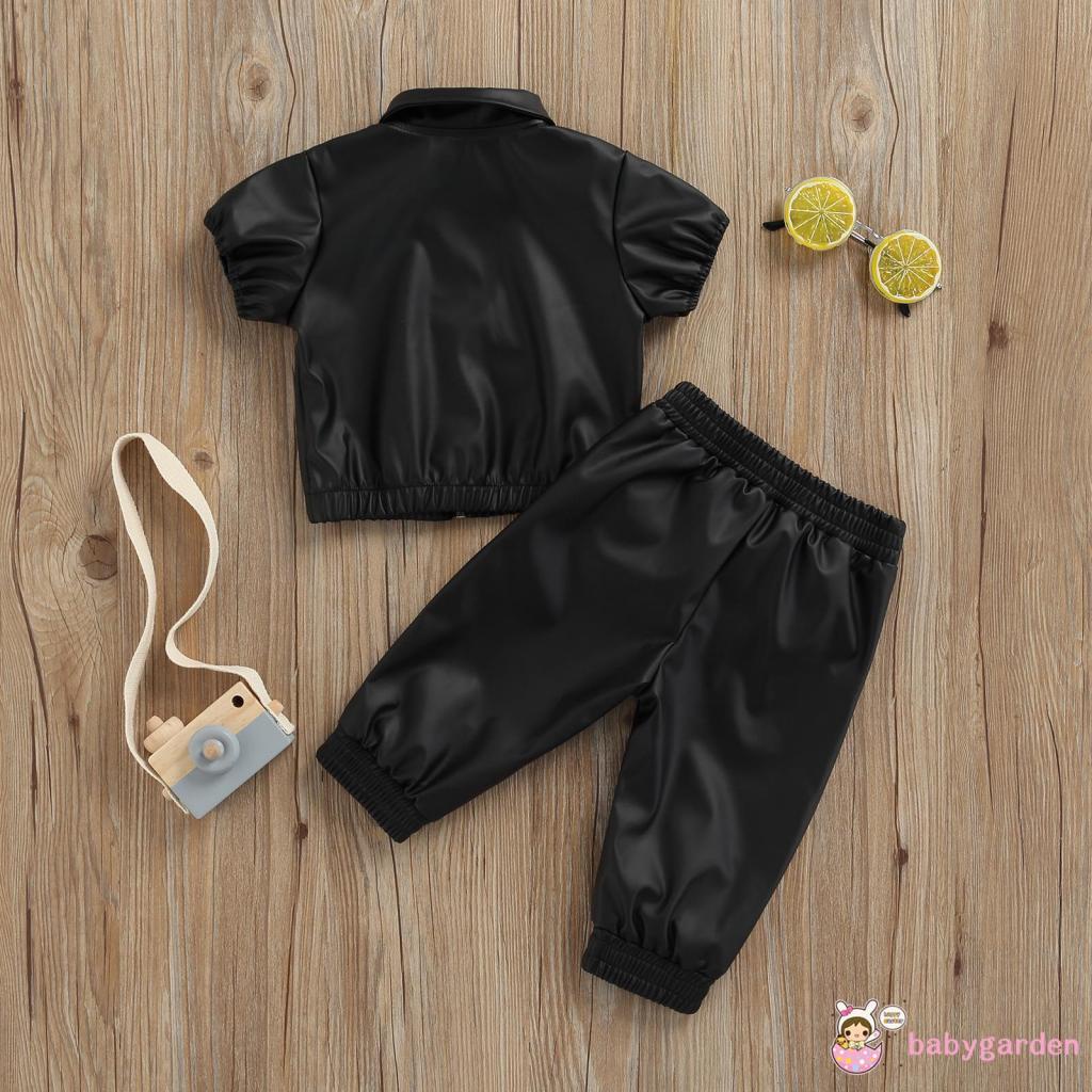 Set đồ 2 món áo tay ngắn cổ bẻ có dây kéo + quần dài bằng da màu đen trơn cho bé gái