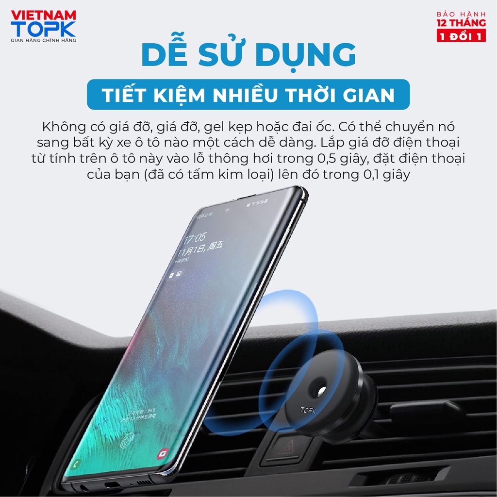 Đế hít điện thoại nam châm trên ô tô TOPK D30B - Kẹp khe gió điều hòa, lực hít mạnh chống rung lắc - Hàng chính hãng