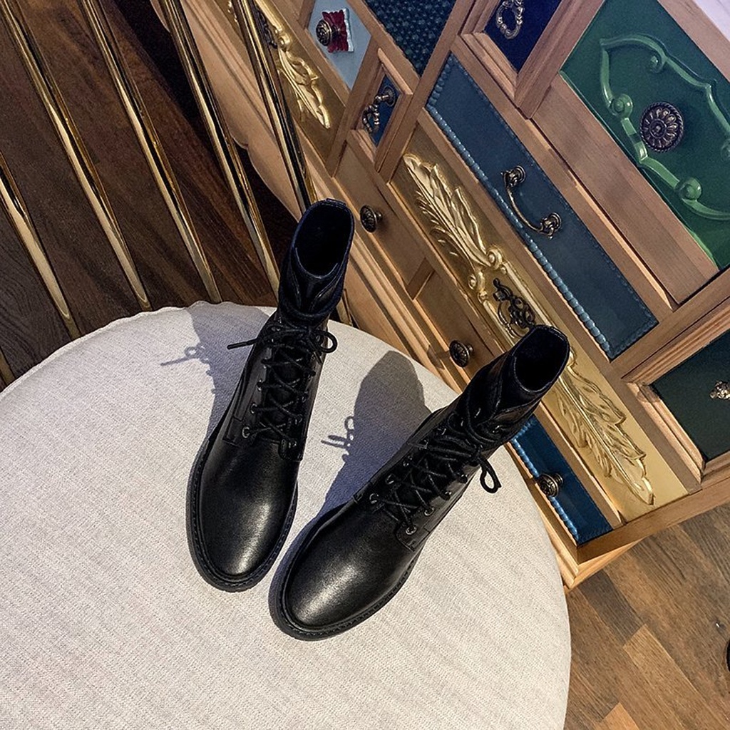 Giày Cao Gót Thời Trang Ulzzang, Bốt Martin Cao Gót Xỏ Dây Mũi Nhọn Đế Vuông 6cm Vintage, Hàn Quốc - Iclassy_shoes