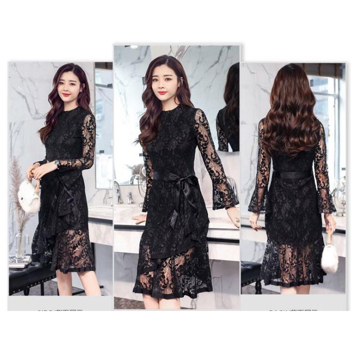 Đầm Đuôi Cá Tay Dài Phối Ren Phong Cách Hàn Quốc Dành Cho Nữ