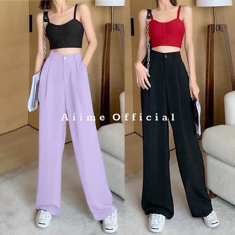 Quần ống rộng culottes suông dài hai màu đen và tím chất tuyết mưa dễ phối đồ