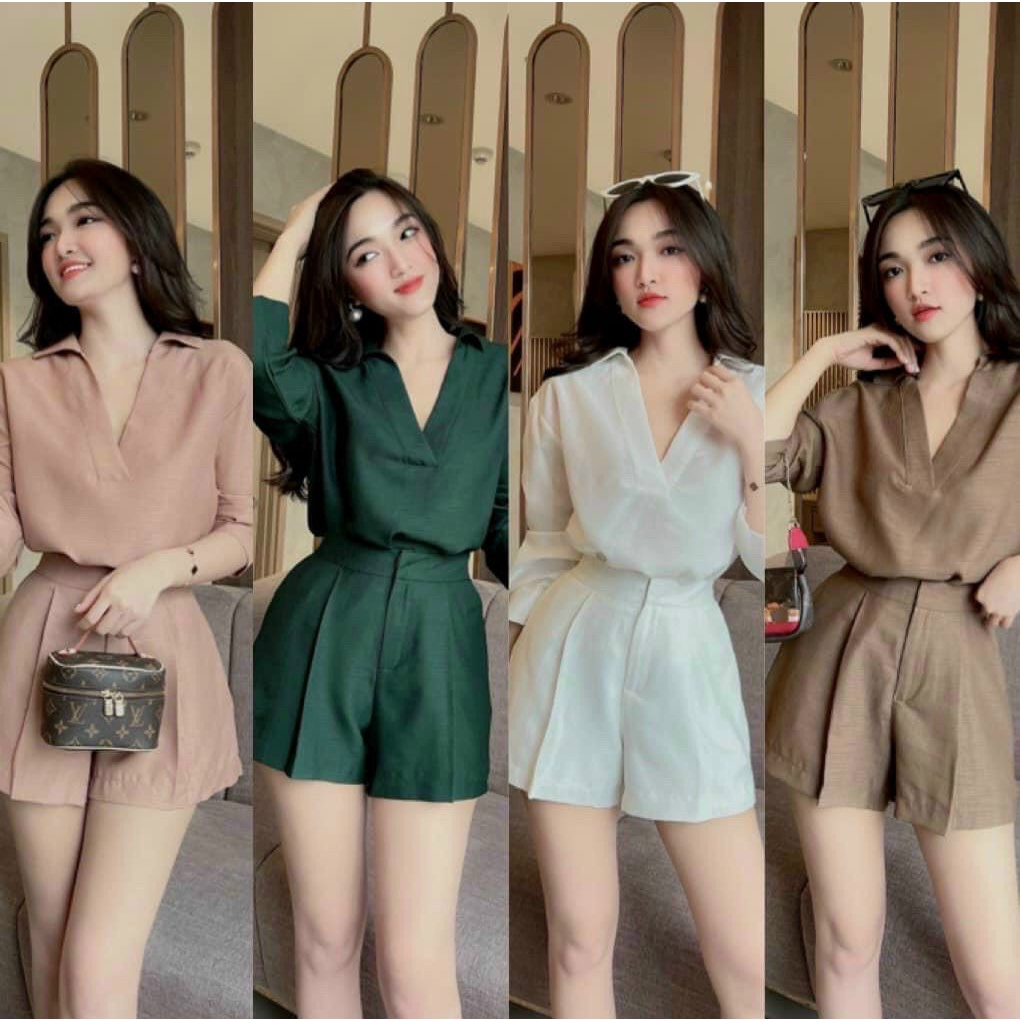 Set Bộ Áo Kiểu Tay Dài Kèm Quần Short Lưng Cao Cho Nữ dưới 55kg xinh xắn quyến rũ